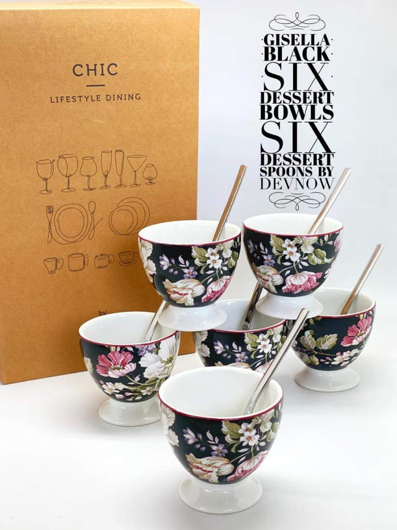 Devnow Gisela Black Ceramic Ice Cream Bowl with Spoon (Set of 6)