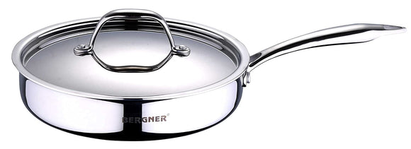 BERGNER Argent Triply Stainless Steel Sautepan with Stainless Steel Lid, 26 cm, 3.1 Liters, Induction Base, Silver