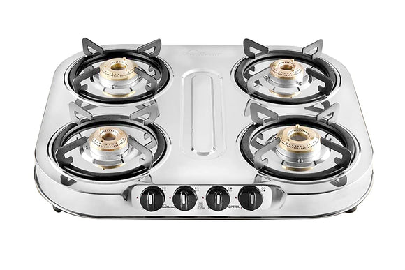 Sunflame OPTRA 4 Burner Gas Stove, Stainless Steel Body, Manual Ignition, 4 Brass Burners with 2 Year Home Service Warranty, (Silver)
