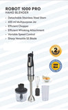 Inalsa Hand Blender Robot 1000 Pro Powerful 3 in 1 | Chopper/Whisker | Silent 1000 Watt DC Motor | Variable Speed | 600 ml Multipurpose Jar |LED Light | 2 Yr. Warranty | (Silver/Black)