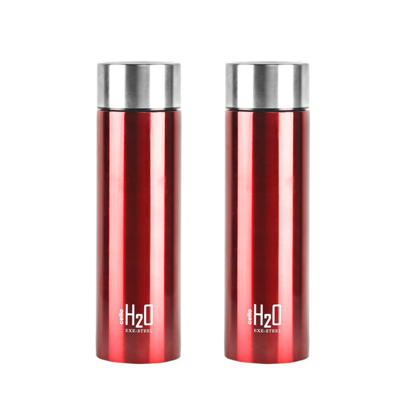 Cello H2O Stainless Steel Water Bottle Set, 1 Litre, Set of 2, Red