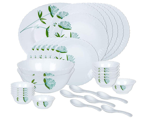 Larah By Borosil Opalware Dinner Set, 33-Pieces, White , Green Lily
