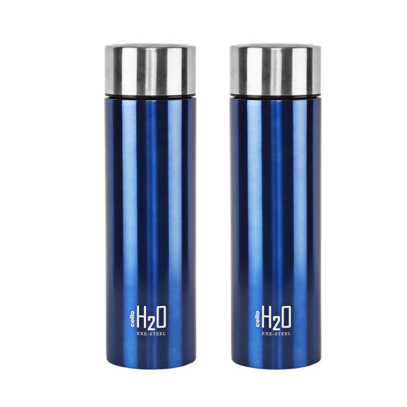 Cello H2O Stainless Steel Water Bottle Set, 1 Litre, Set of 2, Blue