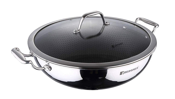 Bergner Hitech-3 Prism Induction Base Non-Stick Stainless Steel Wok with Lid, 5.8 Liters/32 cm, Silver