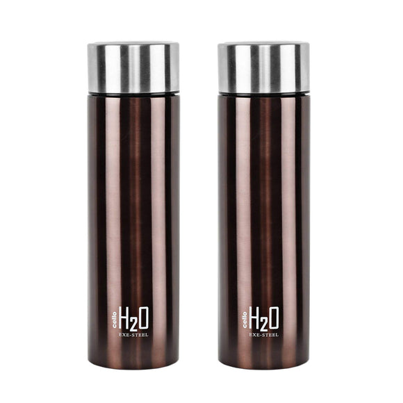 Cello H2O Stainless Steel Water Bottle Set, 1 Litre, Set of 2, Brown