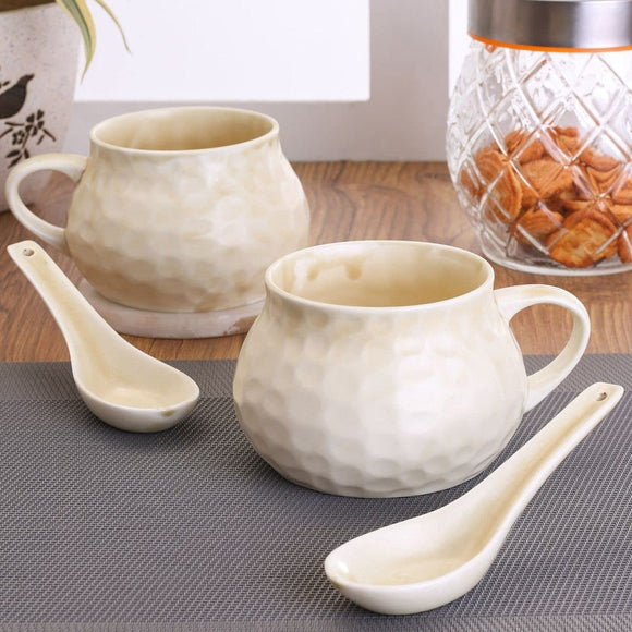 Clay Craft - Ceramic Solid Soup Maggi Noodle Cup Bowl with Spoons (Cream, Standard, 300ml) - CC-SOUPCUP2-CREME-HA1 - 2-Pairs