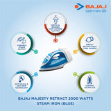 Bajaj Majesty Retract 2000 Watts Steam Iron (Blue)