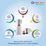 Bajaj Easy 500-Watt Mixer Grinder with 3 Jars (White)