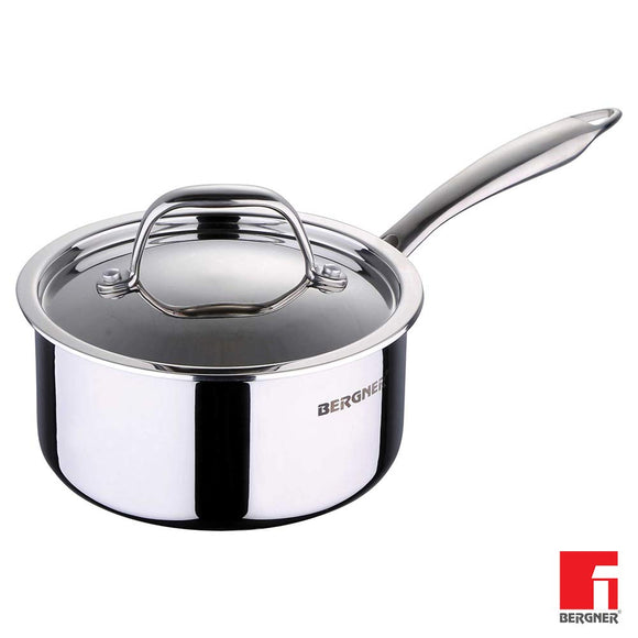 Bergner Argent Triply Stainless Steel Saucepan with Stainless Steel Lid, 18 cm, 2.2 Liters, Induction Base, Silver