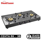 SUNFLAME CENTA 3 Burner Toughened Glass Top Gas Stove with 2 years Made In India.(Manual Ignition, Black)