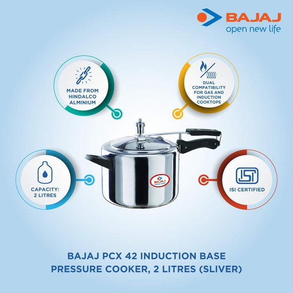Bajaj PCX 42, 2 LTR Inner Lid Pressure Cooker with Induction Base (Silver, ISI Certified)