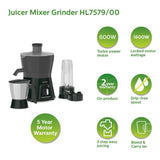 Philips HL7579 600W Turbo Juicer Mixer Grinder with 3 Jars - Blend and Curry, Nutri Juicer Jar, Multi Purpose jar