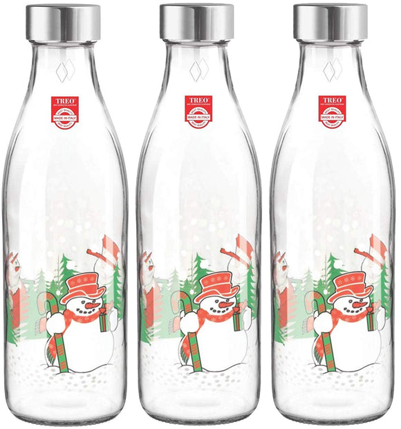 Ivory Premium Glass Printed Bottle 1000 ml, Set of 3 (Snowman)