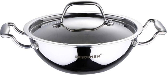 Bergner Argent Stainless Steel Kadai with Lid, 24 cm