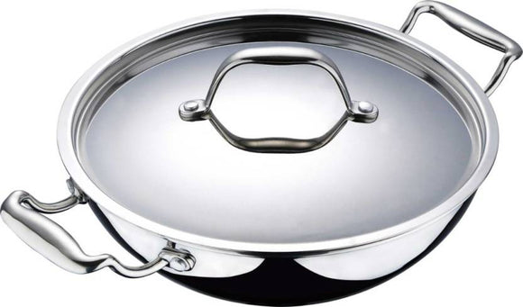 BERGNER Argent Triply Stainless Steel Kadhai with Stainless Steel Lid, 22 cm, 2 litres, Induction Base, Silver