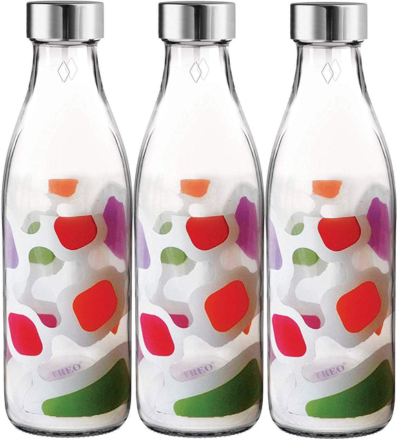 Ivory Premium Glass Printed Bottle 1000 ml, Set of 3 (Cubes)
