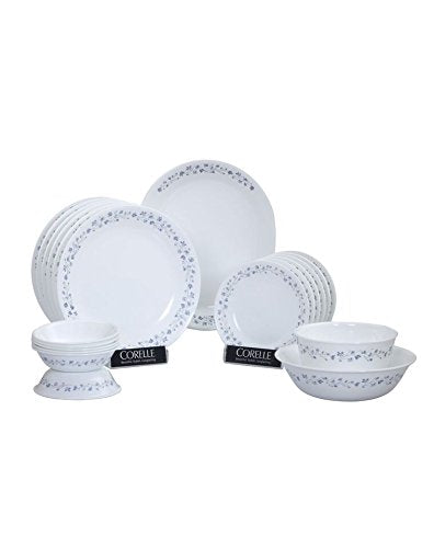 Corelle Lilac Blush Glass Dinner Set, 21-Pieces, White and Blue
